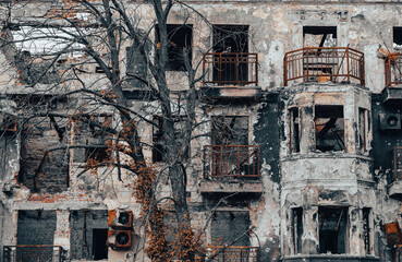 destroyed and burned houses in the city Russia Ukraine war
