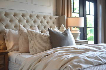 beige decorative pillows on the bed next to the bedside table with a lamp