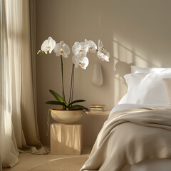white orchid on the bedside table in a light beige bedroom