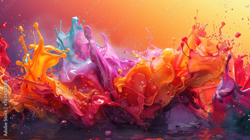 Poster 3d render of a colorful watercolor paint splash in motion against a vibrant background, showcasing t