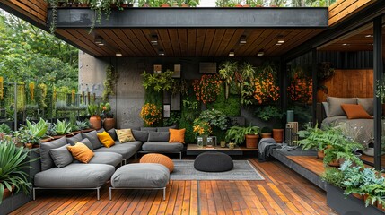 Modern seating area on the terrace, decorated with green plants and cosy armchairs - obrazy, fototapety, plakaty