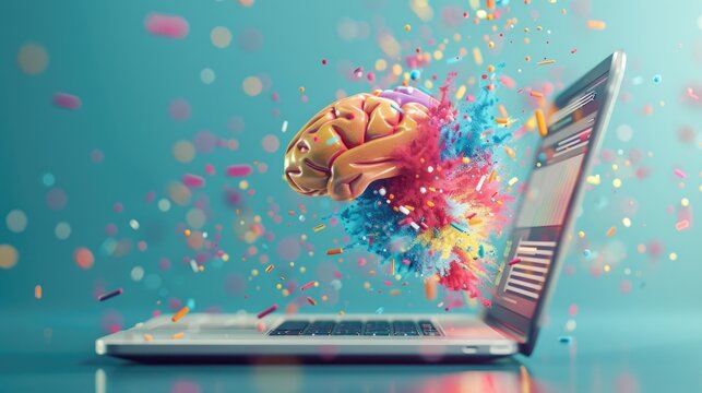 3D render of a digital brain exploding out of an open laptop screen, representing the creative process and innovation in online learning The image features a pastel background