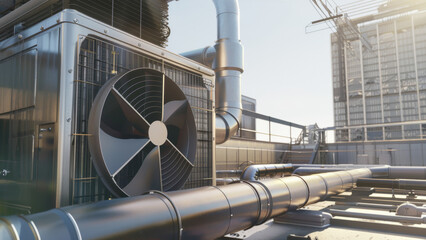 Industrial air conditioning units on a rooftop, gleaming under the sun.
