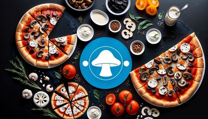 A pizza with mushrooms and tomatoes is on a table