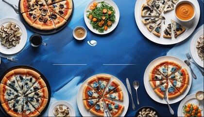 A table with a variety of pizza slices and other food items