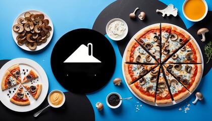 Fototapeta premium A pizza with mushrooms and cheese is on a table with other food