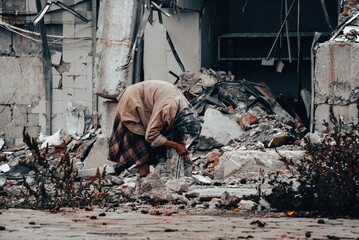 destroyed and burned houses in the city during the war in Ukraine