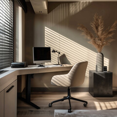 design of a workspace in the corner of a room with a modern desk, chair and computer
