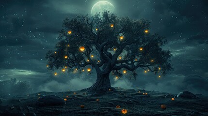 Colossal Tree Aglow with Glowing Fruit and Lanterns Amidst a Mysterious Moonlit Glade - obrazy, fototapety, plakaty