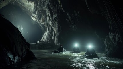 Friends navigating a thrilling underground river in a dark cave, with only headlamps illuminating...