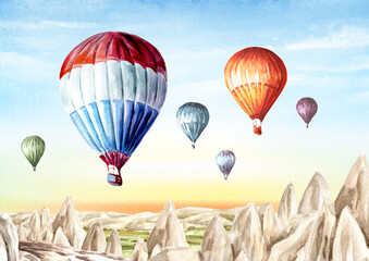 Obraz premium Colorful Air Balloons at Сappadocia, Turkey, Hand drawn watercolor illustration