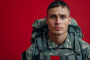 Serious army medic with medical bag posing against a red background