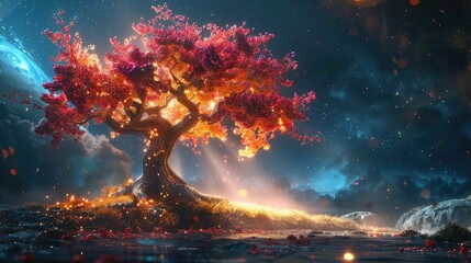 Glowing Fantasy Tree with Iridescent Fruits on a Raised Platform in a Surreal Night Sky Landscape