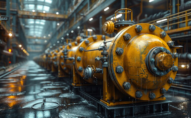 Yellow industrial boilers in power plant - obrazy, fototapety, plakaty