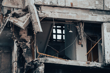 destroyed and burned houses in the city during the war in Ukraine