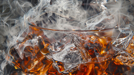 Refined Taste: A close-up image focusing on the details of the whiskey or cognac glass, highlighting the clarity of the liquor, the glistening ice cubes, and the intricate patterns of the cigar smoke.