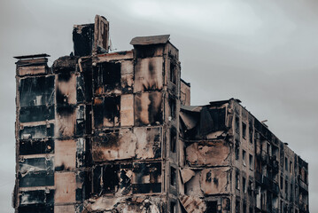 destroyed and burned houses in the city during the war in Ukraine
