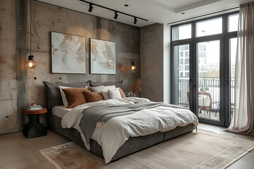 bedroom design in Scandinavian style in gray and beige tones