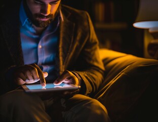 A middle-aged man is intently using a tablet to research information. in the living room Dim lighting creates a working atmosphere. - obrazy, fototapety, plakaty