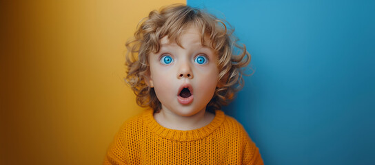 A child girl with blue eyes and blonde hair looking at the camera with an open mouth, as if she is surprised or shocked. girl with a surprised facial expression, wearing a bright sweater in blue wall