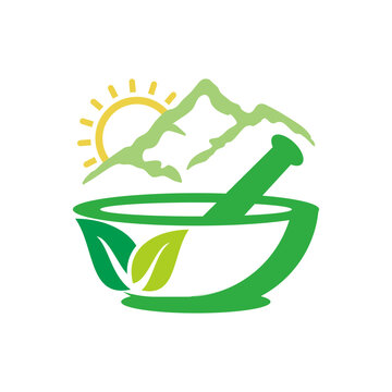 Herbal leaf nature logo with mountain and sun background and with mortar and pestle isolated on white background