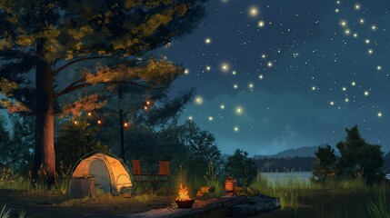 Friends setting up a campsite under a canopy of twinkling stars, surrounded by the soothing sounds of nature.