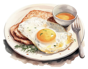 Artistic watercolor of fried egg and pancakes