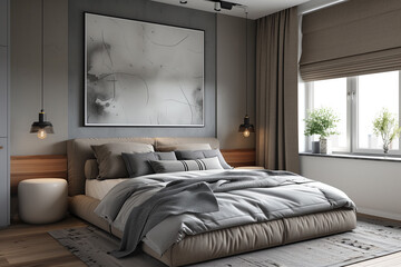 bedroom design in Scandinavian style in gray and beige tones