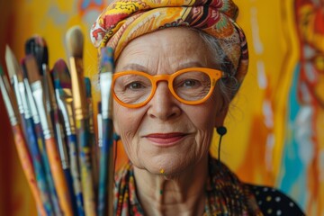 Senior art teacher with a colorful background holding paintbrushes in a creative studio