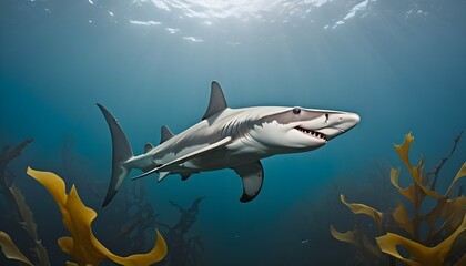 A Hammerhead Shark Gliding Through A Kelp Forest - obrazy, fototapety, plakaty