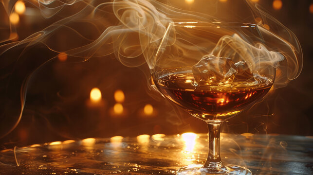 Timeless Luxury: An atmospheric image capturing the rich amber hue of the whiskey or cognac as it catches the light, with wisps of smoke rising from the cigar. Generative AI