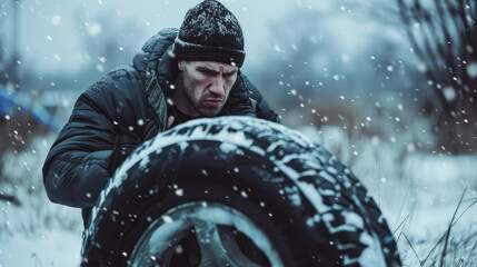 Tire flip exercise. Strong sportsman during his cross training workout during snowy and cold winter day. Generative AI - obrazy, fototapety, plakaty