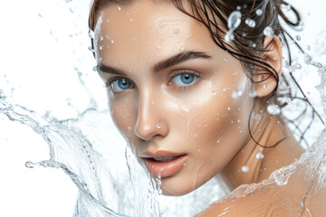 Pretty young woman with clean skin and splash of water