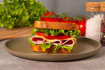 Close-up of two sandwiches with bacon, salami, prosciutto and fresh vegetables on rustic wooden cutting board. Club sandwich concept - 760433039