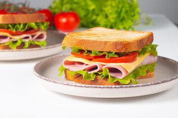 Close-up of two sandwiches with bacon, salami, prosciutto and fresh vegetables on rustic wooden cutting board. Club sandwich concept - 760433059