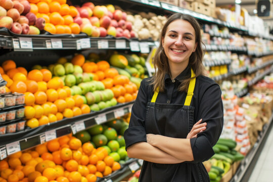 Smiling grocery store assistant with crossed arms in supermarket - Powered by Adobe