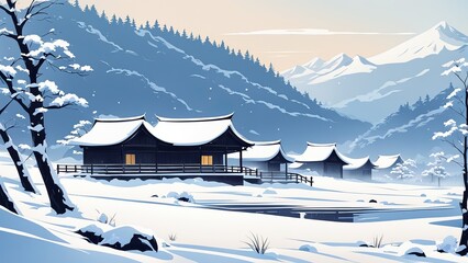 Winter Village in Japan illustration