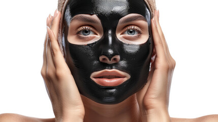 Woman with purifying black mask on her face isolated on white background. Generative AI