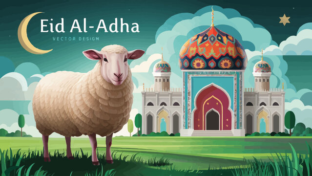 Eid al-Adha Celebration: Modern Vector Art Featuring a Sheep by the Mosque