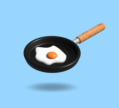 Frying pan with fries eggs 3d isolated on light blue color background