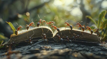 Ants working together to flip through a big book embody the collective learning ethos in educational startups.