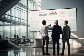 Fototapeta premium Executives discussing statistics on a large screen, strategy analysis in a high-tech office.