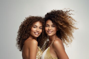 Two women with curly hair posing together, high-definition, ultra-realistic portrait.