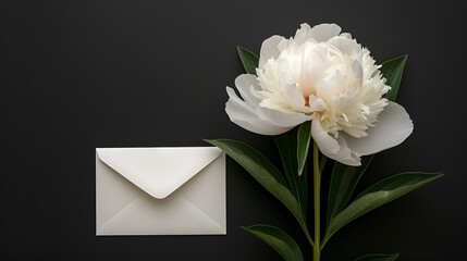 White peony flower and a white envelope on a black background.  generative ai 