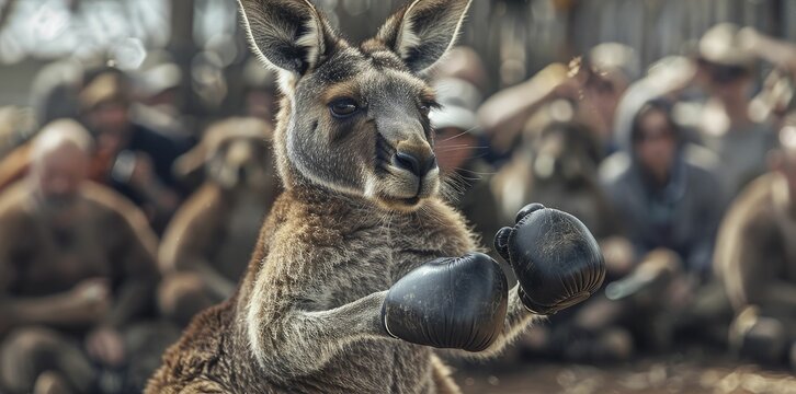 A kangaroo boxing in front of a crowd, with each punch representing a breakthrough innovation, embodying resilience and fighting spirit in business startups.