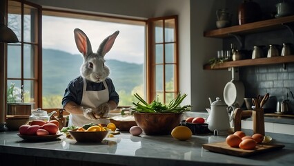 Obraz premium Easter bunny in the kitchen with eggs and vegetables.