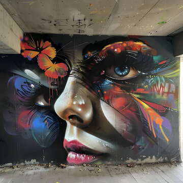 Streetart painted on the concrete wall, under the bringe