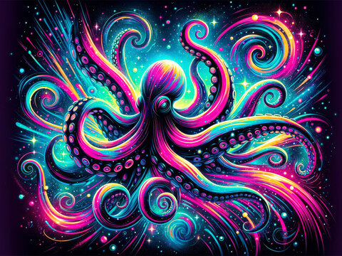 A stylized illustration of an octopus, neon colors, energetic pose, in an abstract cosmic background.