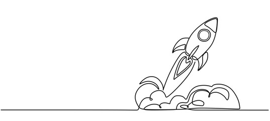 Single continuous line drawing rocket. One line vector illustration. 	
