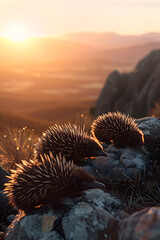 Echidna in the mountainous countryside with setting sun shining. Group of wild animals in nature.